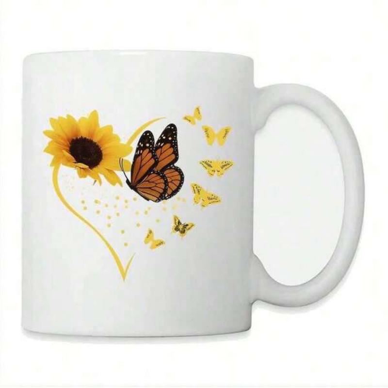 Tailorly White Ceramic 11 oz Mug - Elegant Sunflower Heart Design With Vibrant Monarch Butterflies Fluttering Around Butterfly