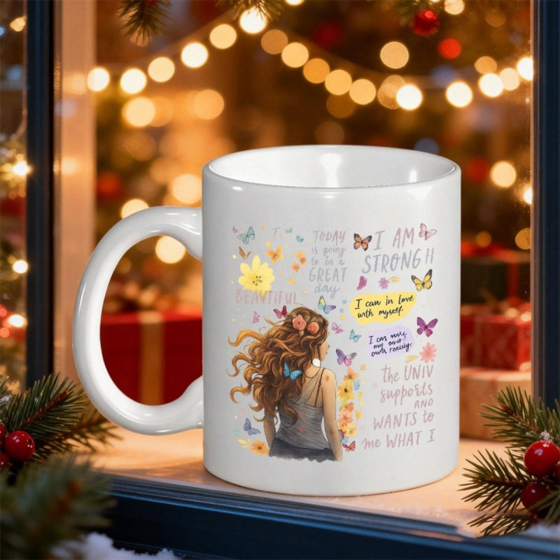 Tailorly White Ceramic 11 oz Mug - I Am Strong Graceful Lady With Wavy Hair Surrounded By Flying Colorful Springtime Butterflies Woman
