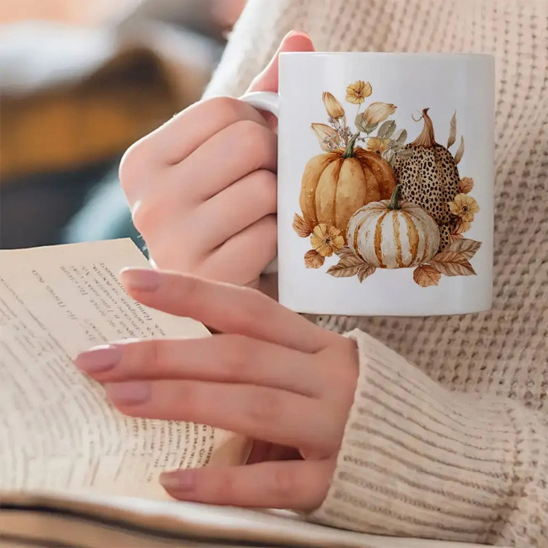 Tailorly White Ceramic 11 oz Mug - Rustic Watercolor Autumn Harvest With Leaves And Flowers Surrounding A Pumpkin
