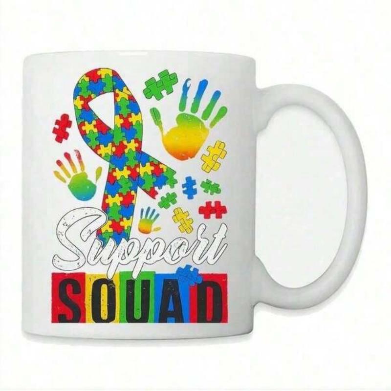Tailorly White Ceramic 11 oz Mug - Support Squad Colorful Puzzle Ribbon With Vibrant Handprints And Scattered Small Pieces Mug