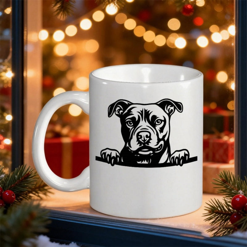 Tailorly White Ceramic 11 oz Mug - Artistic Peeking Pitbull With Paws Resting On A Horizontal Line Dog