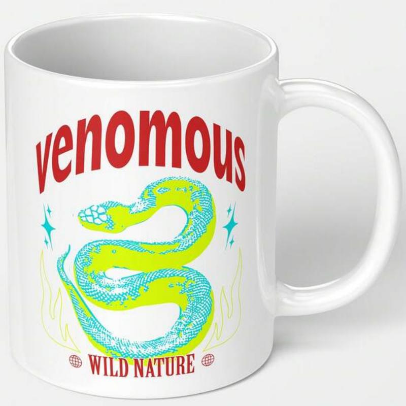 Tailorly White Ceramic 11 oz Mug - Venomous Wild Nature Coiled Vibrant Scales Among Sparkling Stars And Faint Leaves Snake