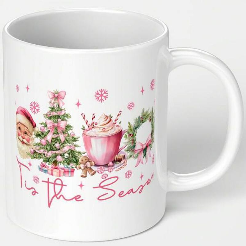 Tailorly White Ceramic 11 oz Mug - Tis The Season Pink Festive Christmas Tree With Santa And Hot Cocoa Holiday Wreath Mug