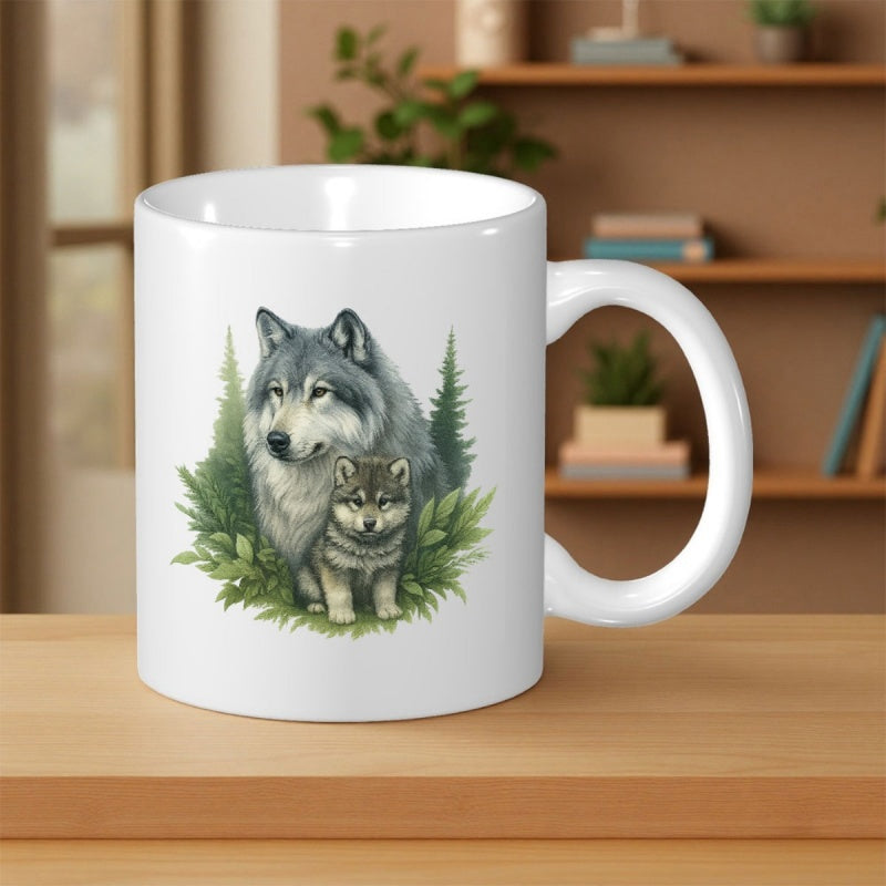 Tailorly White Ceramic 11 oz Mug - Majestic Grey Adult And Cub Resting Among Evergreen Forest Pine Wolf