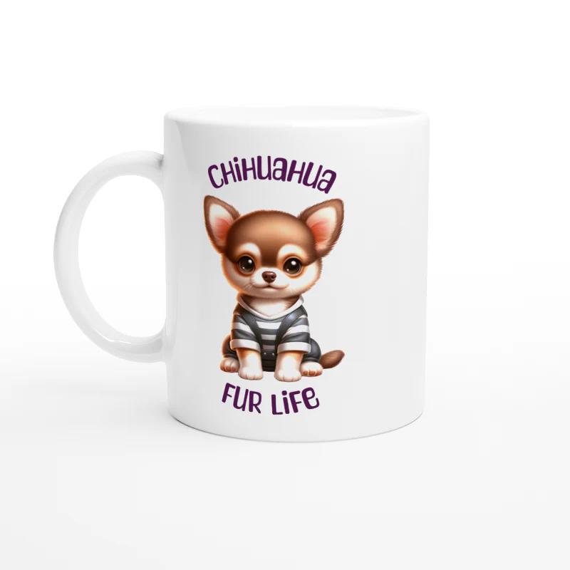 Tailorly White Ceramic 11 oz Mug - Fur Life Small Adorable Brown Puppy Wearing Striped Shirt Sitting In Peace Chihuahua