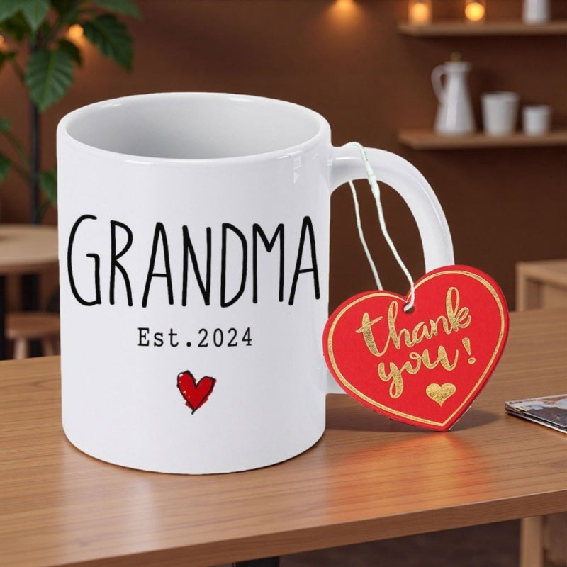 Tailorly White Ceramic 11 oz Mug - Grandma Est 2024 Simple Elegant Script With Hand Painted Small Red Heart Mug