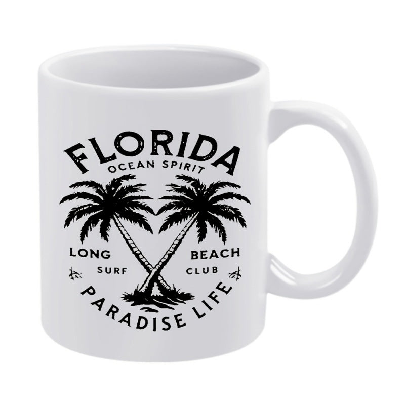 Tailorly White Ceramic 11 oz Mug - Florida Ocean Spirit Long Beach Surf Club Paradise Life Symmetrical Distressed Vintage Style Crossed Tropical Coastal Breeze