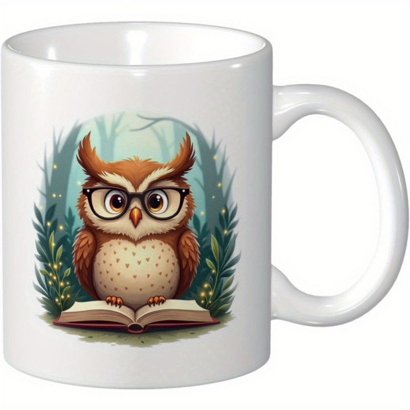 Tailorly White Ceramic 11 oz Mug - Wise Brown Bird Wearing Glasses Reading Book Among Mystical Forest Leaves Owl