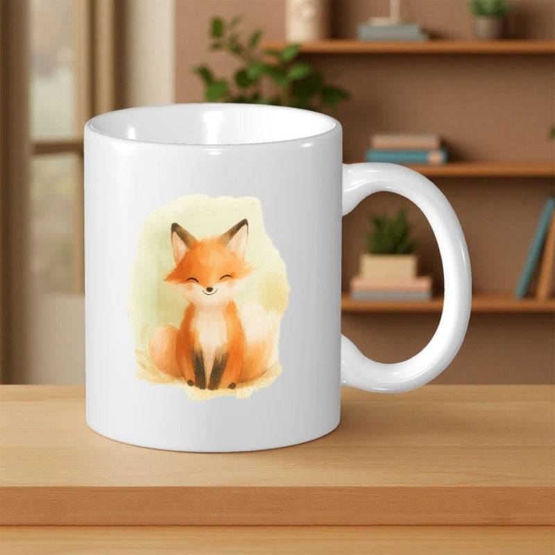 Tailorly White Ceramic 11 oz Mug - Adorable Watercolor Fox Sitting Calmly With Soft Golden Background Highlights Fox
