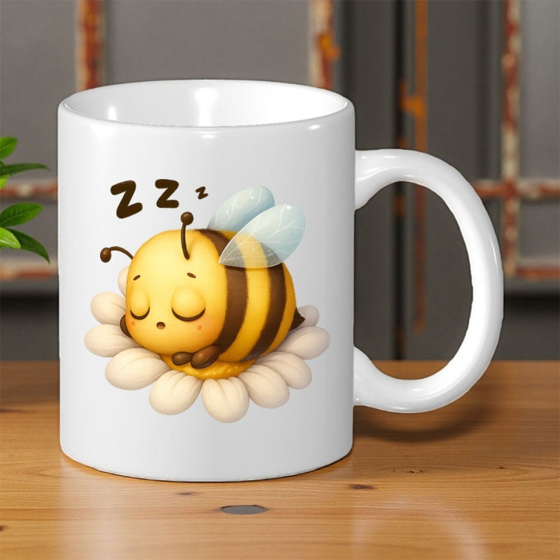 Tailorly White Ceramic 11 oz Mug - Zzz Cute Little Bumblebee Resting Quietly On A Large White Daisy Bee