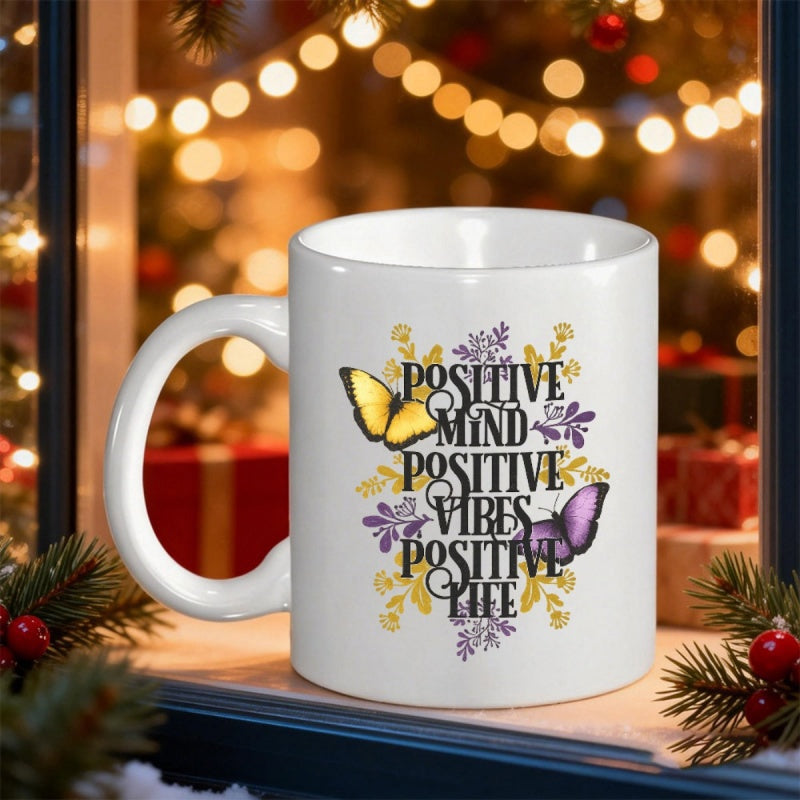 Tailorly White Ceramic 11 oz Mug - Positive Mind Positive Vibes Positive Life Delicate Yellow And Purple Butterflies Flying Among Elegant Golden Floral Patterns