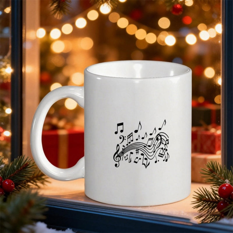 Tailorly White Ceramic 11 oz Mug - Black Swirling Musical Staff With Flowing Symbols Among Artistic Melodic Notes