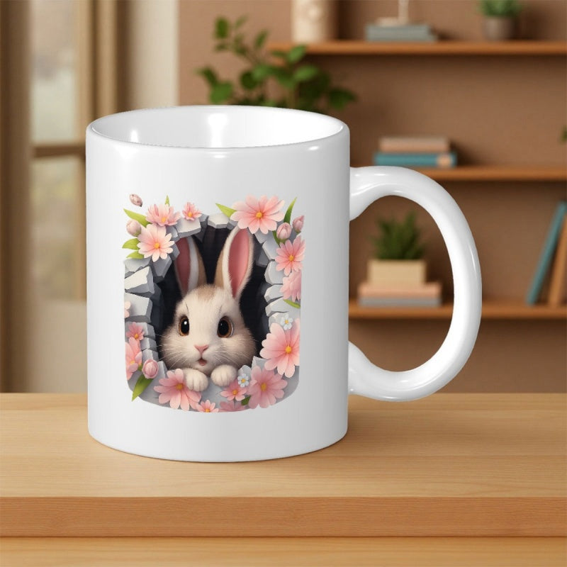 Tailorly White Ceramic 11 oz Mug - Adorable Fluffy Little Creature Peeking Through Hole Surrounded By Blossoms Rabbit