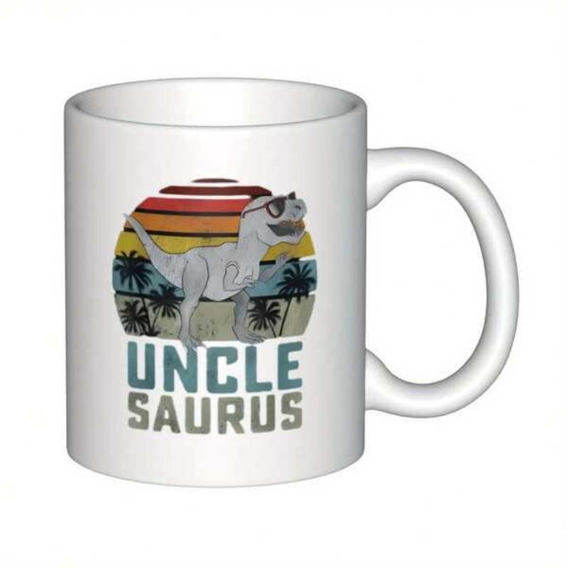 Tailorly White Ceramic 11 oz Mug - Uncle Saurus Vintage Striped Sunset With Palm Trees And Cool Sunglasses Wearing Dinosaur