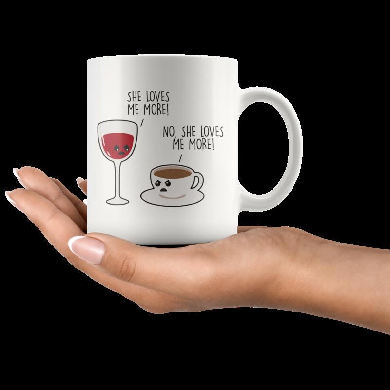 Tailorly White Ceramic 11 oz Mug - She Loves Me More No She Loves Me More Minimalist Illustration Of Red Wine Glass Next To Grumpy Coffee Cup