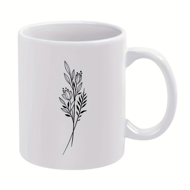 Tailorly White Ceramic 11 oz Mug - Minimalist Black Line Drawing Of Elegant Wildflowers With Delicate Leaves Flower