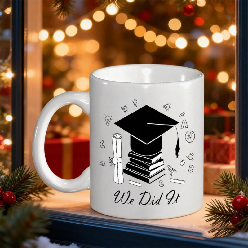 Tailorly White Ceramic 11 oz Mug - We Did It Minimalist Black Mortarboard Resting On A Stack Of Textbooks With Diploma Graduation Cap