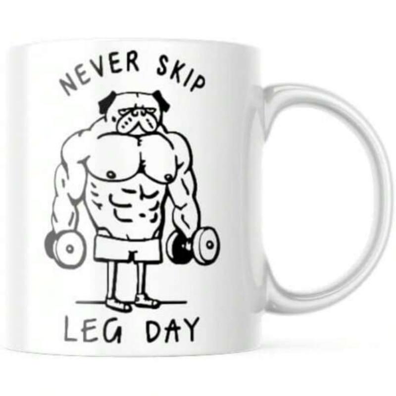 Tailorly White Ceramic 11 oz Mug - Never Skip Leg Day Muscular Strong Bulldog Lifting Heavy Dumbbells With Very Thin Small Legs Bulldog