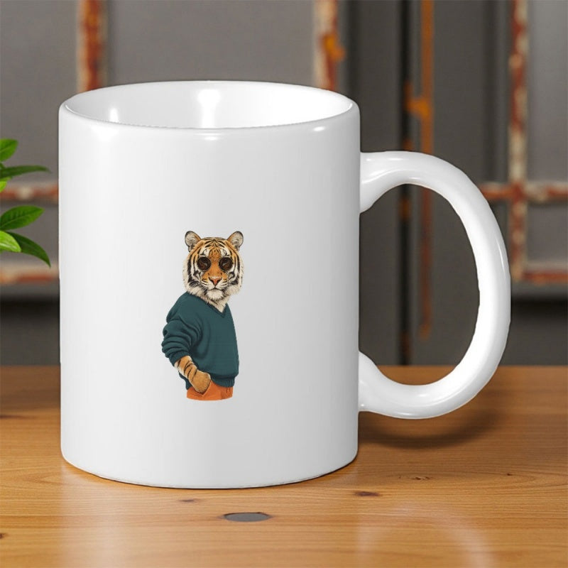 Tailorly White Ceramic 11 oz Mug - Anthropomorphic Cool Fashionable Wild Animal Wearing Sunglasses And Green Sweater Tiger