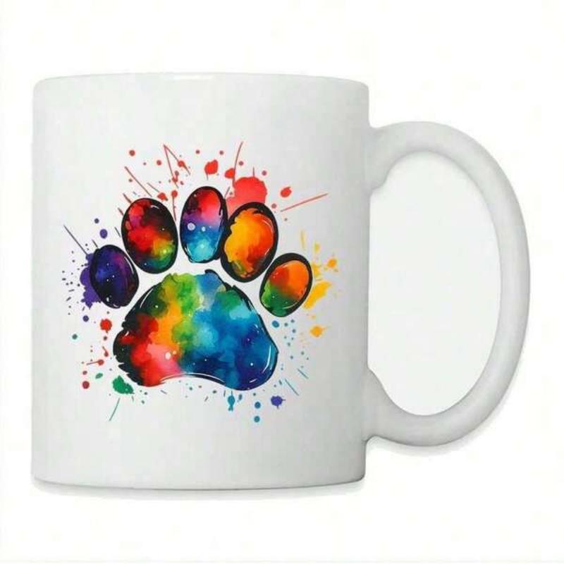 Tailorly White Ceramic 11 oz Mug - Vibrant Watercolor Splatters Forming A Colorful Animal Mark Among Artistic Drops Paw Print