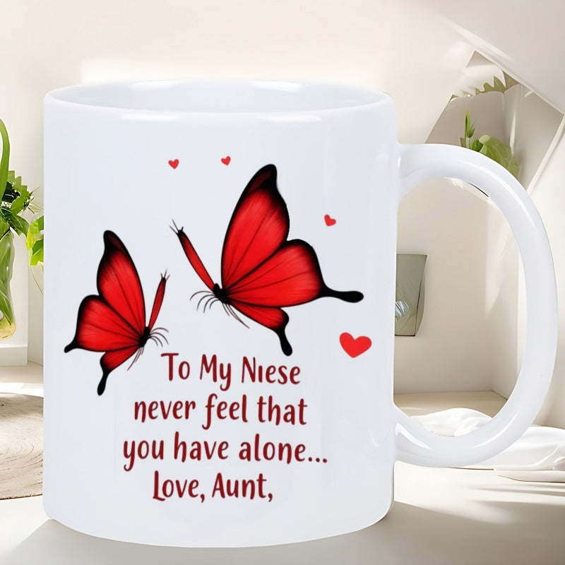 Tailorly White Ceramic 11 oz Mug - To My Niece Never Feel That You Have Alone Love Aunt Vibrant Red Wings Fluttering Among Delicate Floating Red Hearts Butterfly