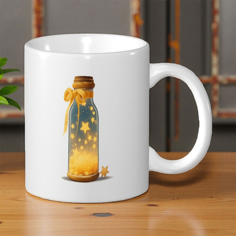 Tailorly White Ceramic 11 oz Mug - Glowing Golden Stars Inside A Glass Jar With Yellow Ribbon Bottle