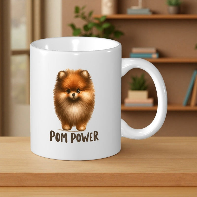 Tailorly White Ceramic 11 oz Mug - Pom Power Adorable Fluffy Little Brown Puppy With Soft Fur Standing Proudly Pomeranian