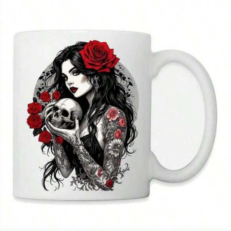 Tailorly White Ceramic 11 oz Mug - Dark Haired Gothic Girl With Intricate Tattoos Holding Human Skull And Roses Woman