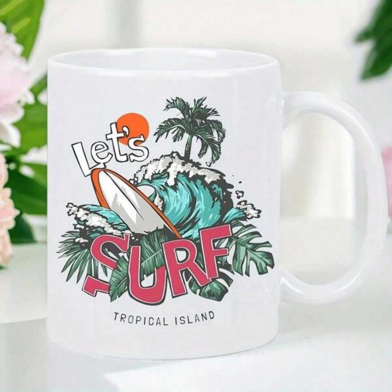 Tailorly White Ceramic 11 oz Mug - Lets Surf Tropical Island Tropical Ocean Wave Crashing Near Palm Trees And A Vibrant Floating Surfboard