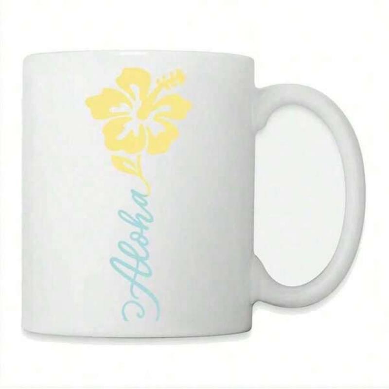 Tailorly White Ceramic 11 oz Mug - Aloha Beautiful Yellow Tropical Hibiscus Flower With Elegant Vertical Script Hibiscus