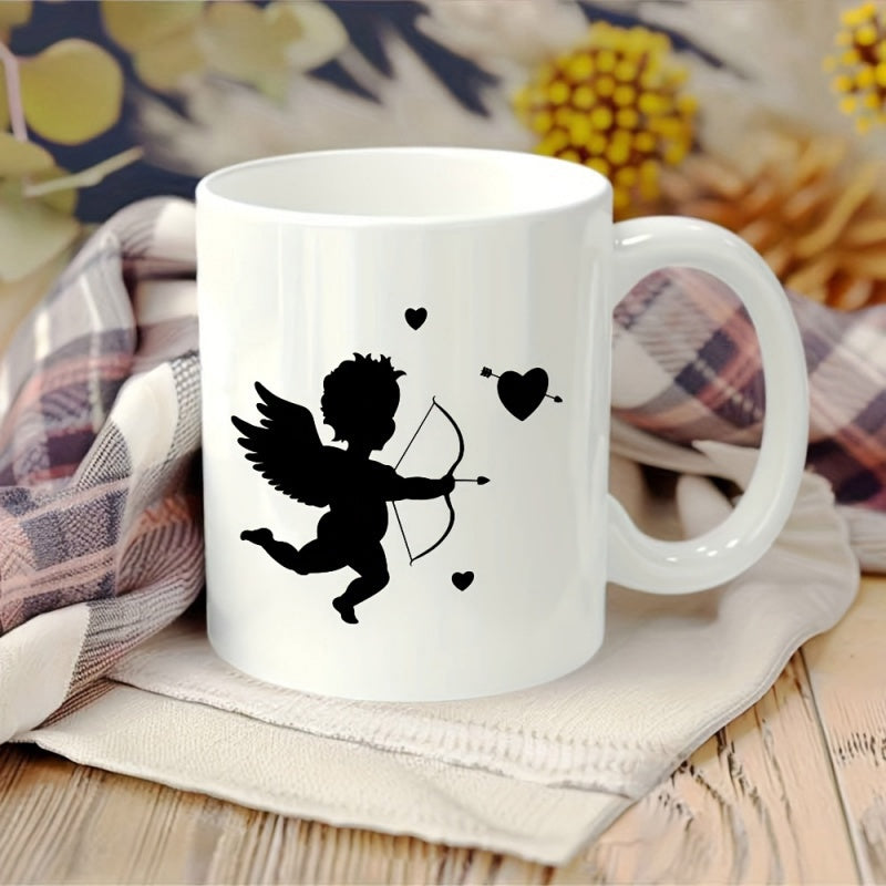 Tailorly White Ceramic 11 oz Mug - Adorable Silhouette Flying In The Air With Bow And Arrow Toward Hearts Cupid