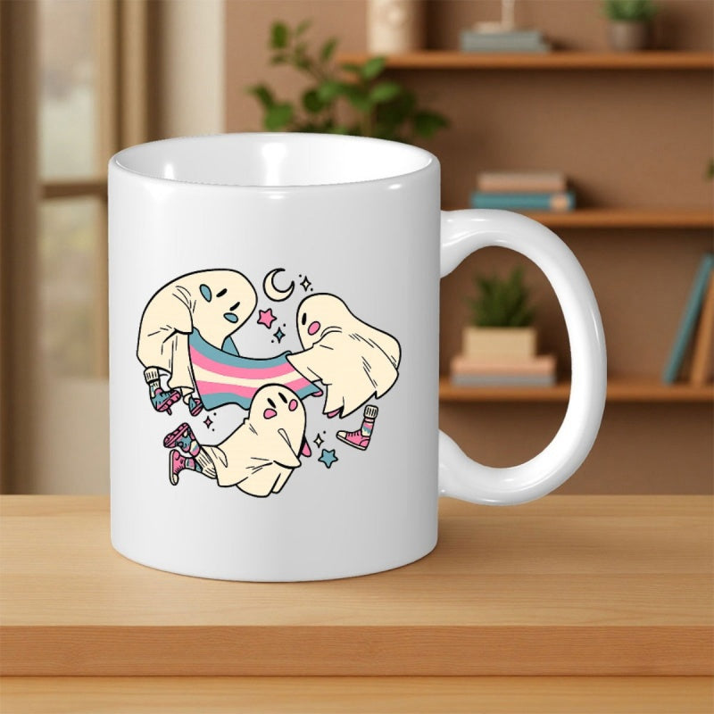 Tailorly White Ceramic 11 oz Mug - Cute Cartoon Style Ghosts Holding Transgender Flag Under Moonlight Ghost