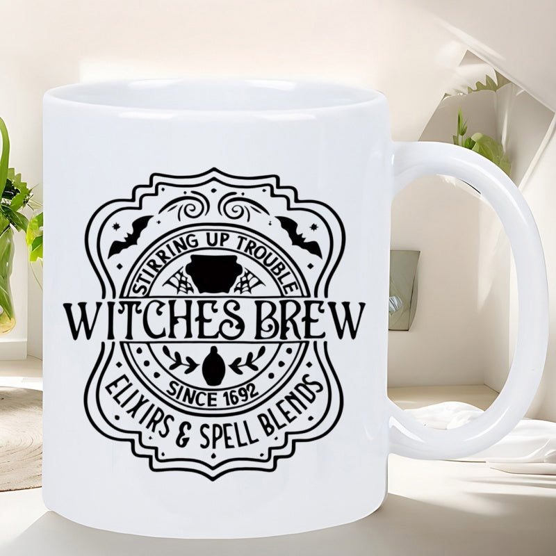 Tailorly White Ceramic 11 oz Mug - Stirring Up Trouble Witches Brew Elixirs Spell Blends Since 1692 Vintage Scalloped Frame Featuring Bats And Decorative Leaves