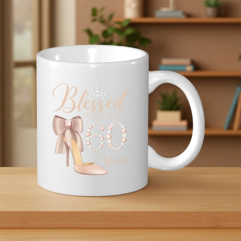 Tailorly White Ceramic 11 oz Mug - Blessed For 60 Years Elegant Pink High Heel Shoe With Bow And Pearl Number Heel