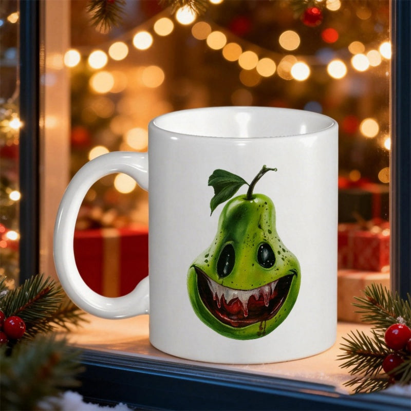 Tailorly White Ceramic 11 oz Mug - Sinister Grinning Green Fruit With Sharp Teeth And Large Dark Eyes Pear