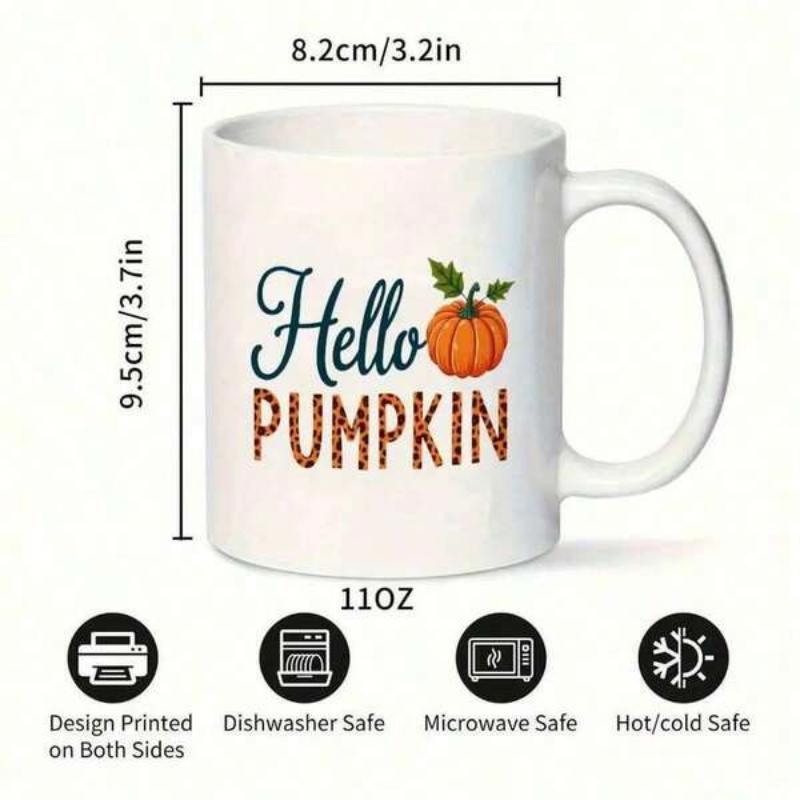 Tailorly White Ceramic 11 oz Mug - Hello Pumpkin Vibrant Orange Harvest Vegetable With Green Leaves And Artistic Patterned Pumpkin