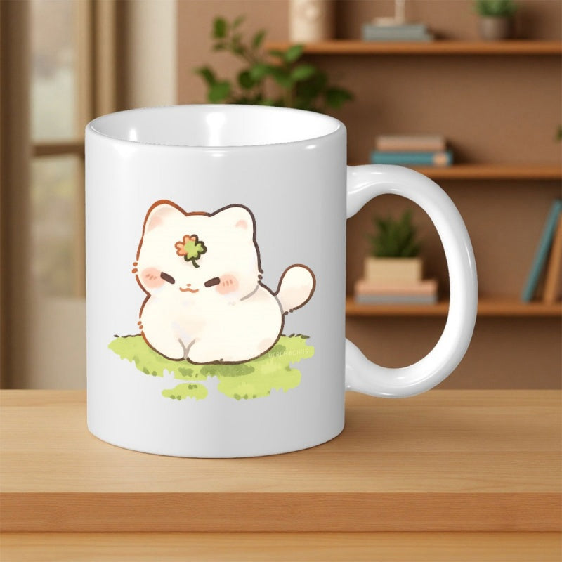 Tailorly White Ceramic 11 oz Mug - Adorable Fluffy White Kitten Resting Peacefully On A Lush Green Patch Cat