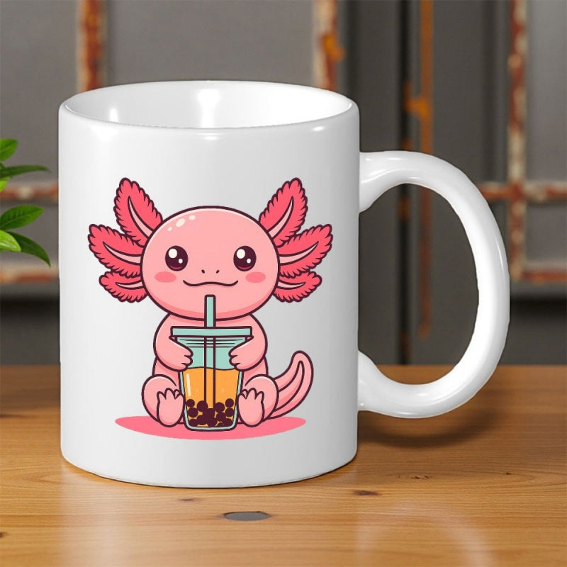 Tailorly White Ceramic 11 oz Mug - Adorable Pink Cartoon Axolotl Enjoying Delicious Bubble Tea Sitting On Surface Axolotl