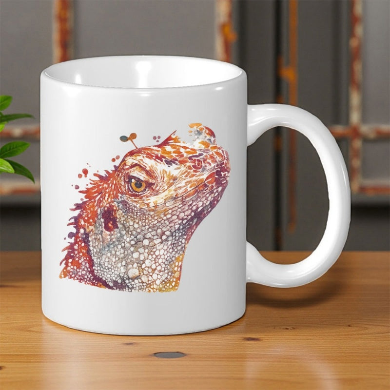 Tailorly White Ceramic 11 oz Mug - Vibrant Watercolor Artistic Style With Textured Scales And Warm Earthy Tones Lizard