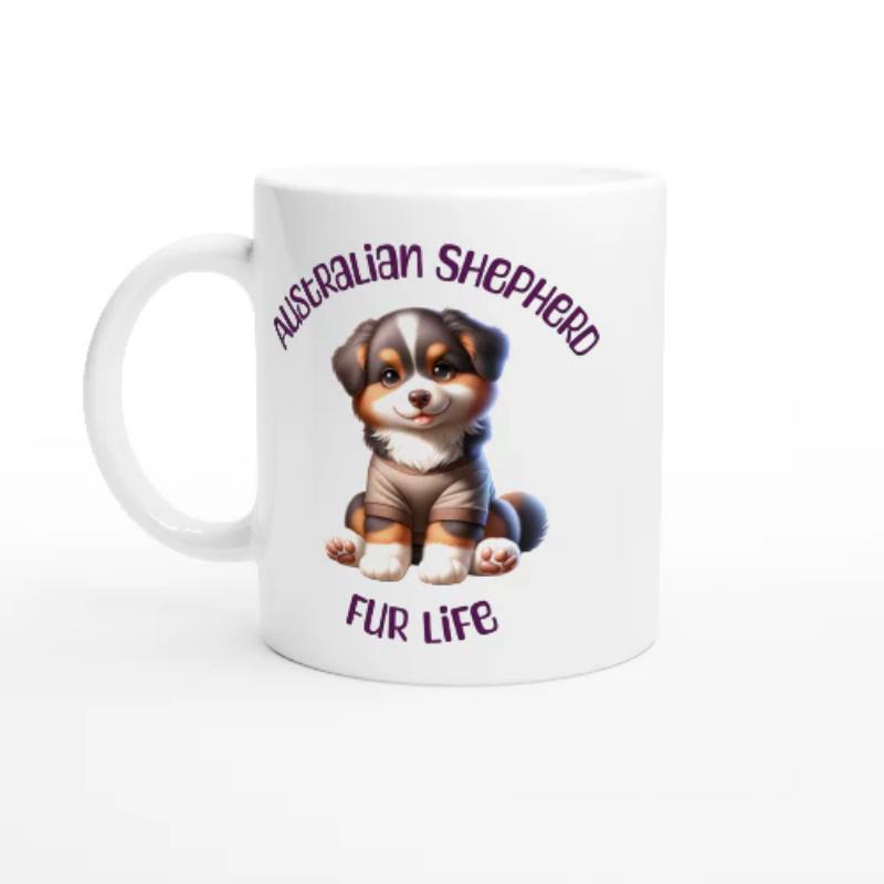 Tailorly White Ceramic 11 oz Mug - Australian Shepherd Fur Life Sitting Adorable Little Puppy With Fluffy Fur And Sparkling Eyes Among White Backdrop Shepherd
