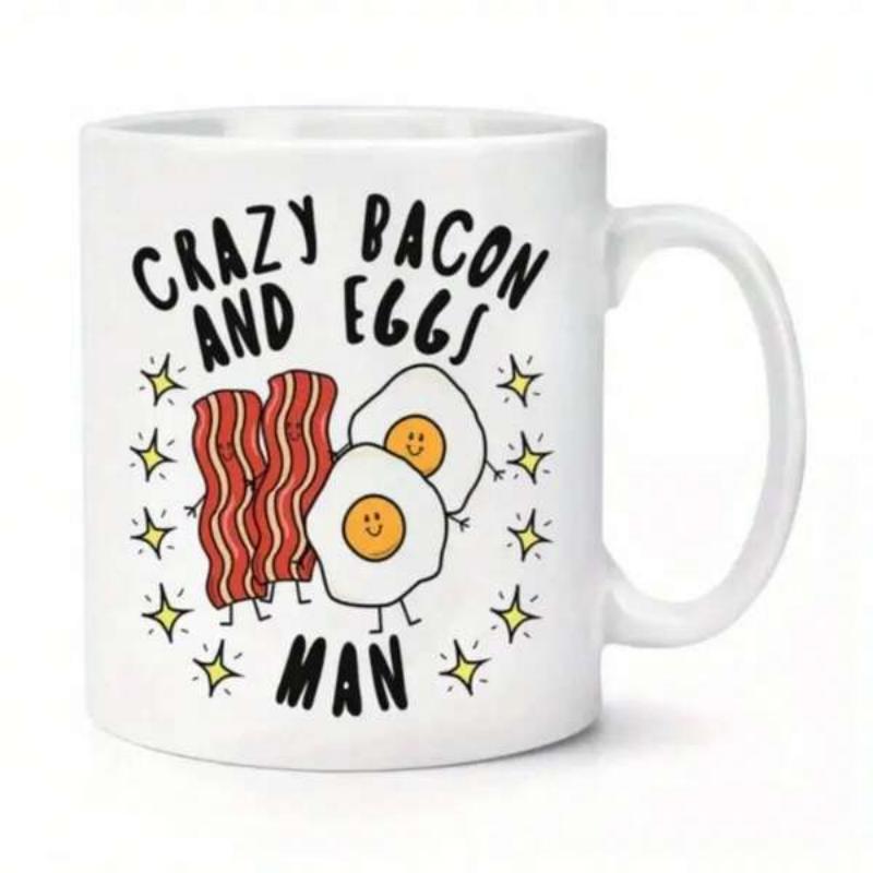 Tailorly White Ceramic 11 oz Mug - Crazy Bacon And Eggs Man Smiling Fried Eggs With Cartoon Bacon Strips Surrounded By Sparkling Little Stars Breakfast