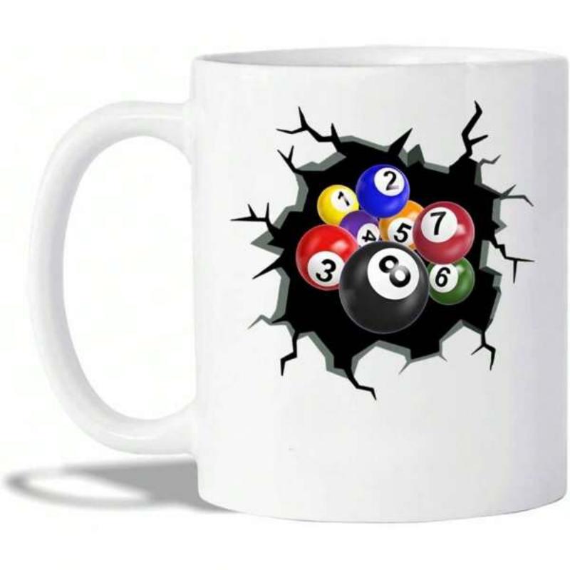 Tailorly White Ceramic 11 oz Mug - Dynamic Colorful Pool Spheres Breaking Through A Realistic Cracked Black Hole Billiard Balls