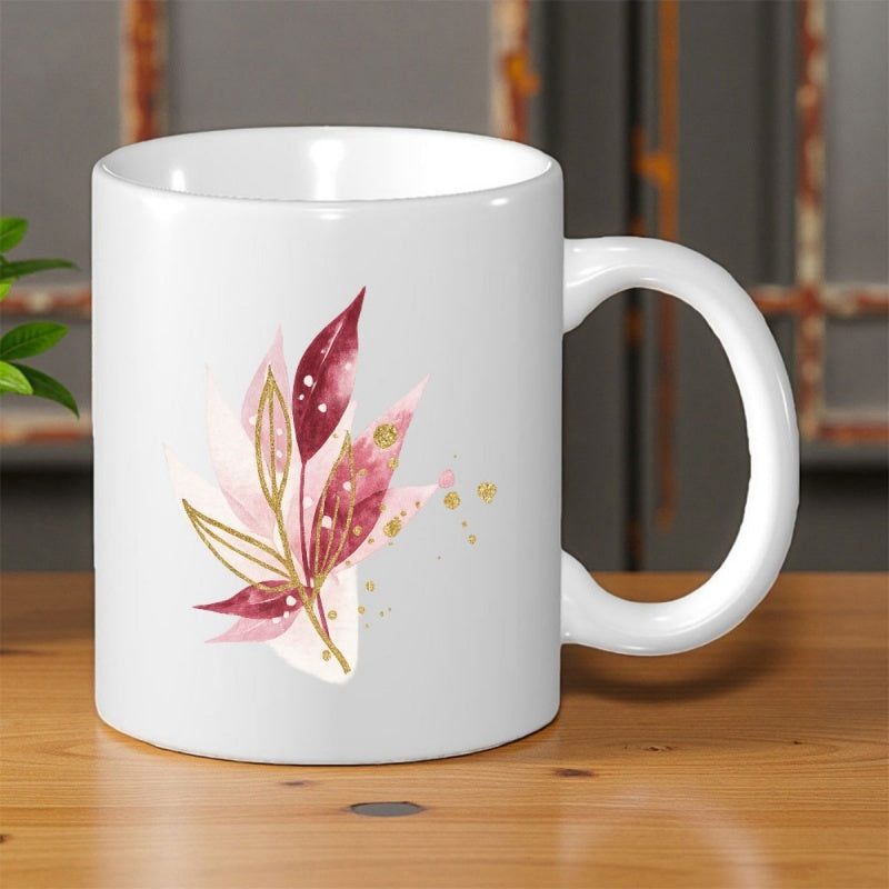 Tailorly White Ceramic 11 oz Mug - Elegant Watercolor Burgundy And Gold Botanical Foliage Shimmering With Artistic Accents Leaf