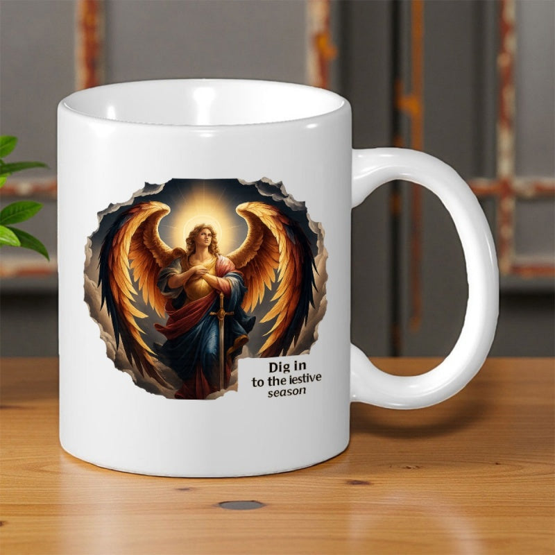 Tailorly White Ceramic 11 oz Mug - Dig In To The Festive Season Majestic Warrior With Golden Wings Holding Sword Emerging From Stone Angel
