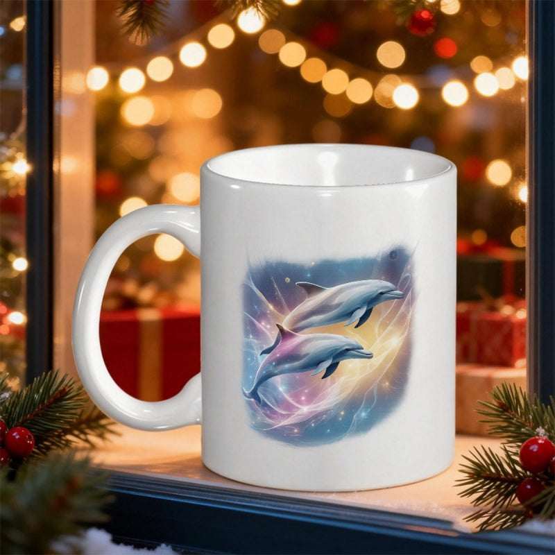 Tailorly White Ceramic 11 oz Mug - Two Graceful Creatures Leaping Through Vibrant Cosmic Stardust With Glowing Light Rays Dolphin