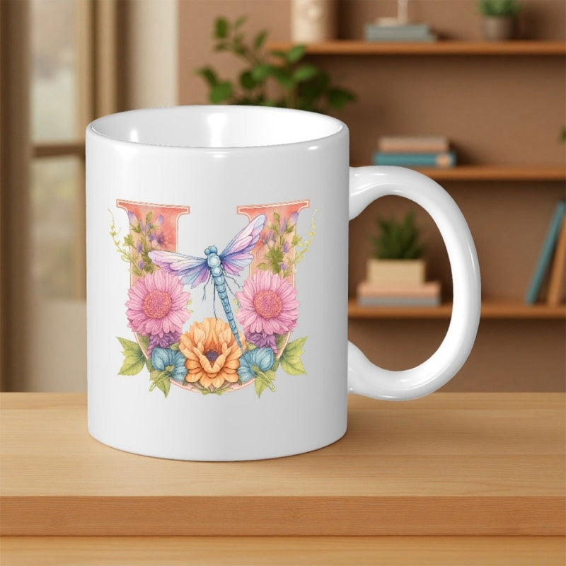 Tailorly White Ceramic 11 oz Mug - U Watercolor Style Artistic Floral Pattern With Blooming Pink Sunflowers And Blue Dragonfly
