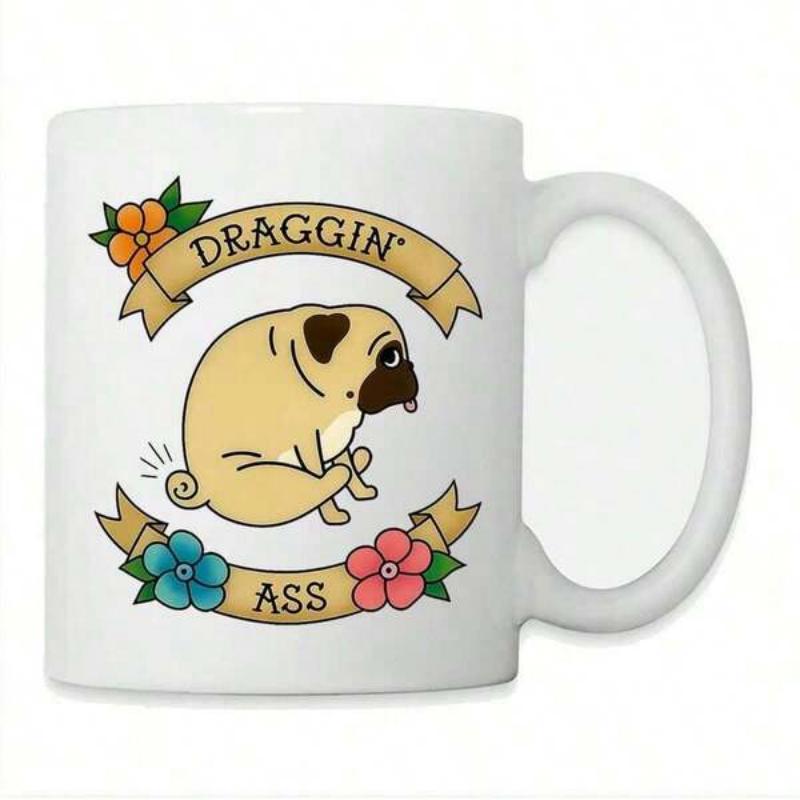 Tailorly White Ceramic 11 oz Mug - Draggin Ass Decorative Floral Banners Surrounded By Vintage Tattoo Art Style Pug