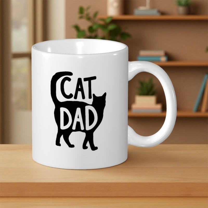 Tailorly White Ceramic 11 oz Mug - Cat Dad Minimalist Black Silhouette Of A Feline Featuring Bold Handwritten Typography Cat