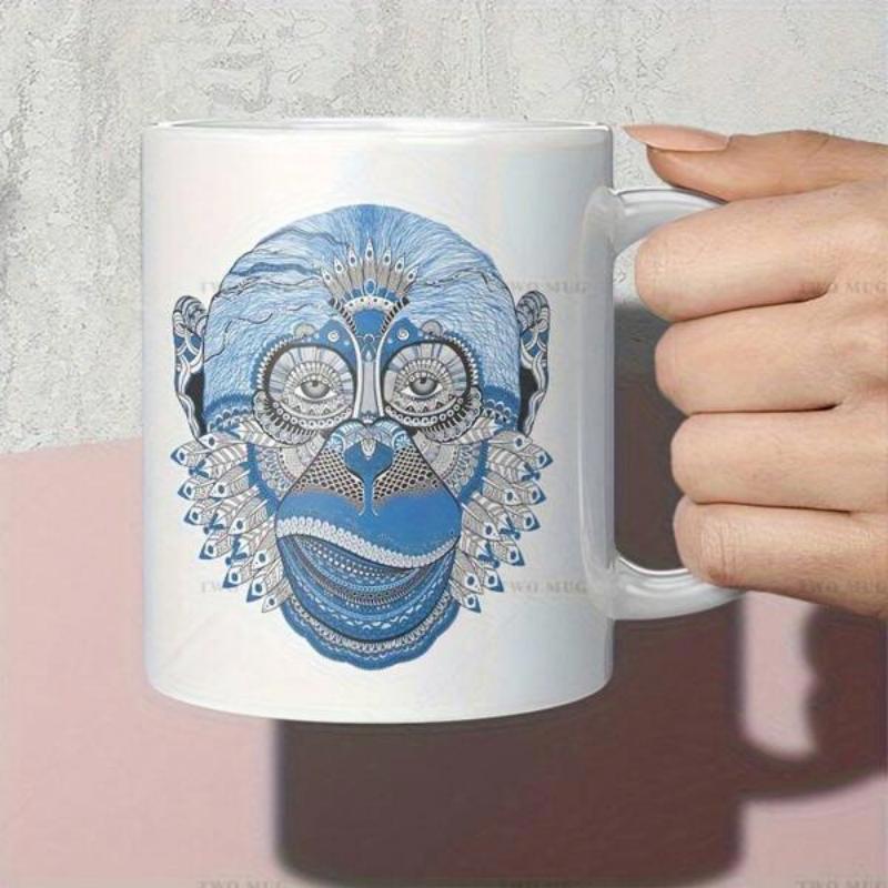 Tailorly White Ceramic 11 oz Mug - Intricate Blue Mandala Pattern Stylized Ape Face On Ceramic White Monkey