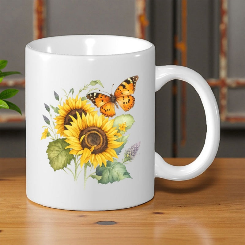 Tailorly White Ceramic 11 oz Mug - Vibrant Yellow Petals Blooming With A Graceful Butterfly Among Green Leaves Sunflower